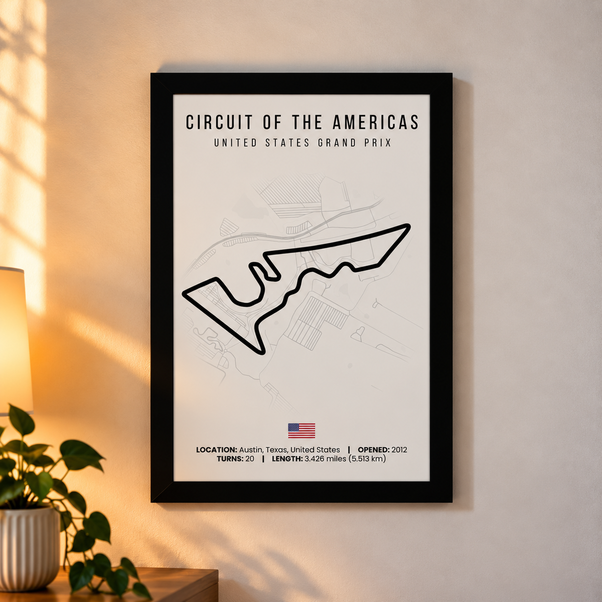 Circuit of the Americas F1 circuit map poster, A4, framed