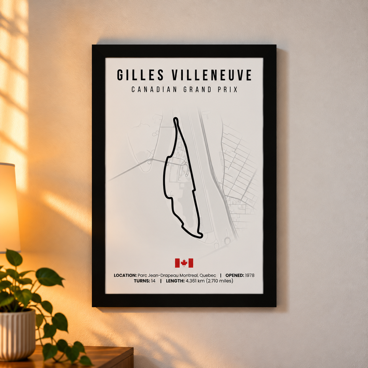 Gilles Villeneuve F1 circuit map poster, A4, framed