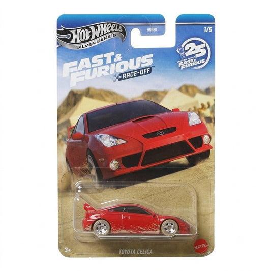 Hot Wheels Silver Series Fast & Furious Race-Off Toyota Celica in red with light side graphics, card 1/5