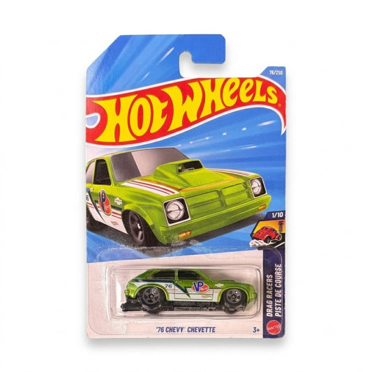 Hot Wheels '76 Chevy Chevette drag car in green with red and white race graphics, Drag Racers Mainline #76 on card