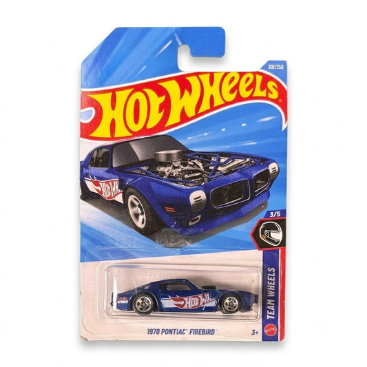 Hot Wheels 1970 Pontiac Firebird in blue with red and white Hot Wheels logo livery, Mainline #201 on blister card