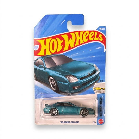 Hot Wheels '98 Honda Prelude in metallic teal with silver wheels, Factory Fresh Mainline #136 on blister card