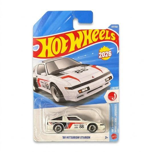 Hot Wheels '88 Mitsubishi Starion in white with red and black #88 race livery, Mainline #177 on 2026 blister card