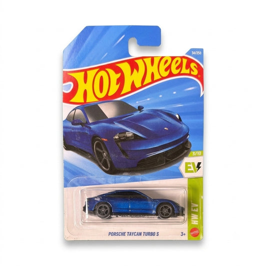 Hot Wheels Porsche Taycan Turbo S in metallic blue with black wheels, HW EV Mainline #34 on blister card