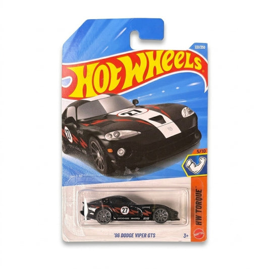 Hot Wheels '96 Dodge Viper GTS in black with white stripe and red #27 race livery, HW Torque Mainline #221 on card