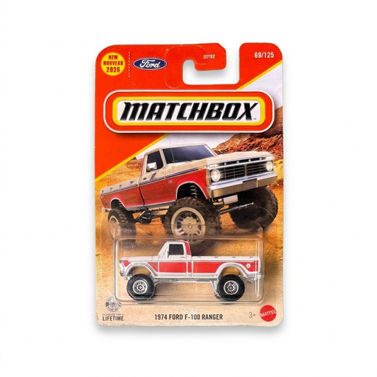 Matchbox 1974 Ford F-100 Ranger pickup in white and red two-tone, Basics 1:64 on sealed blister card #69