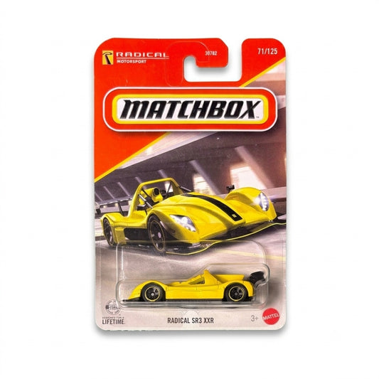 Matchbox Radical SR3 XXR in yellow with black accents, Basics 1:64 die-cast race car on sealed blister card #71