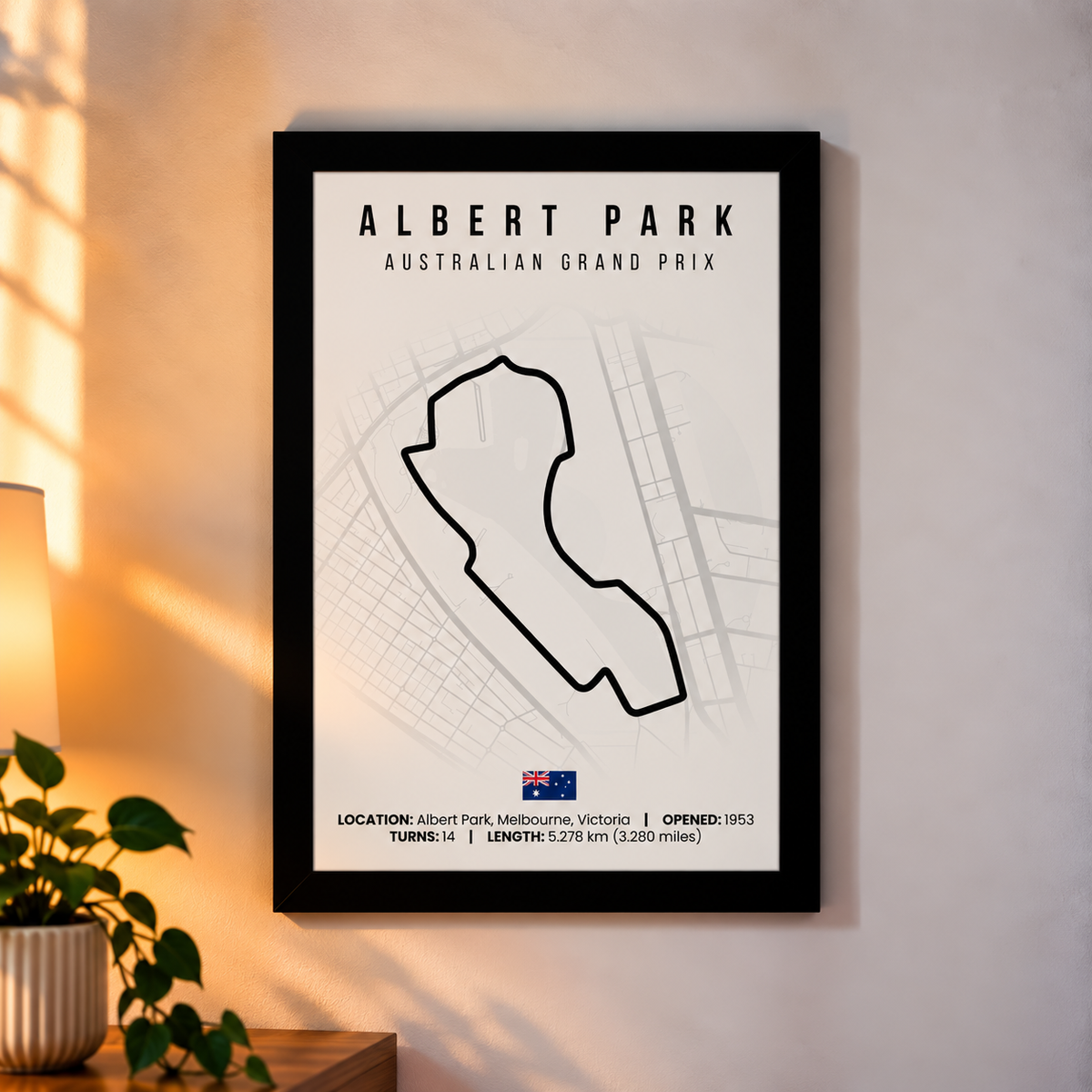 Albert Park F1 circuit map poster, A4, framed
