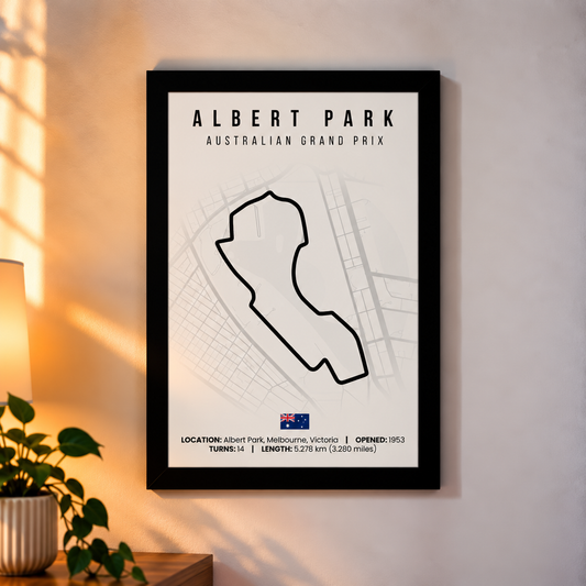 Albert Park circuit A4 poster, Australian Grand Prix, black track line on white print in a black frame on a wall