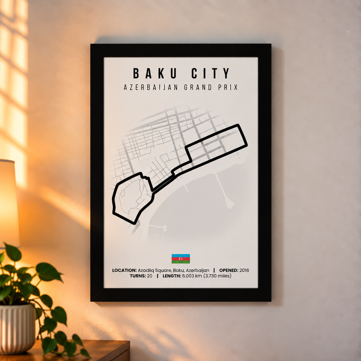 Baku City F1 circuit map poster, A4, framed