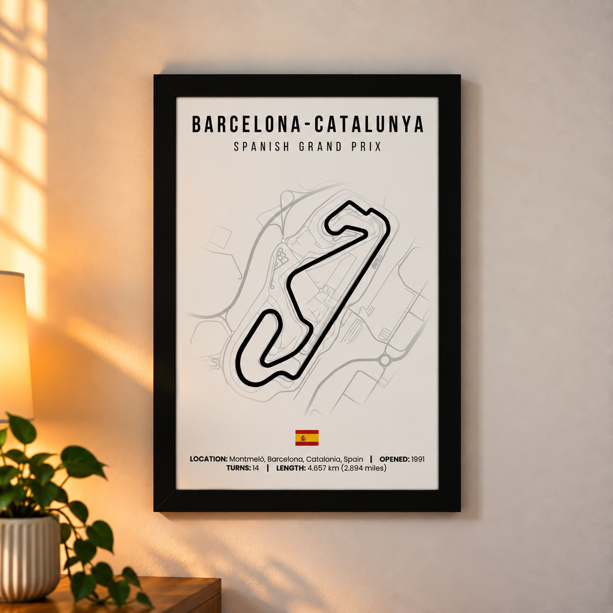 Barcelona-Catalunya F1 circuit map poster, A4, framed