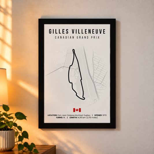 Gilles Villeneuve circuit A4 poster, Canadian Grand Prix, black track line on white print in a black frame on a wall