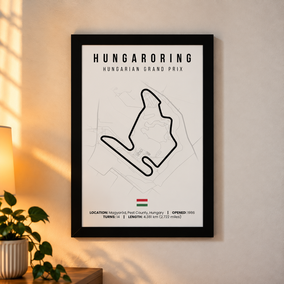 Hungaroring F1 circuit map poster, A4, framed