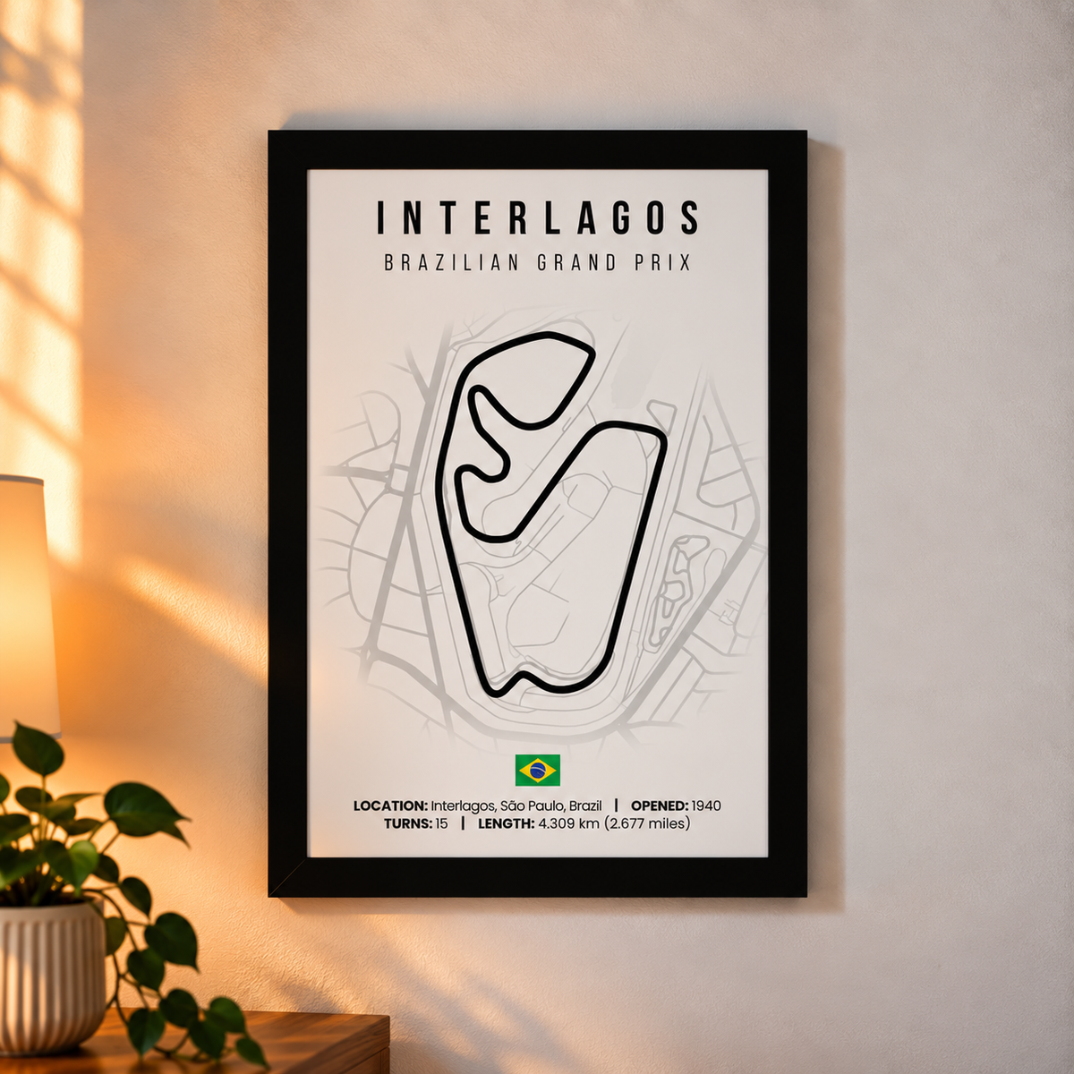Interlagos F1 circuit map poster, A4, framed