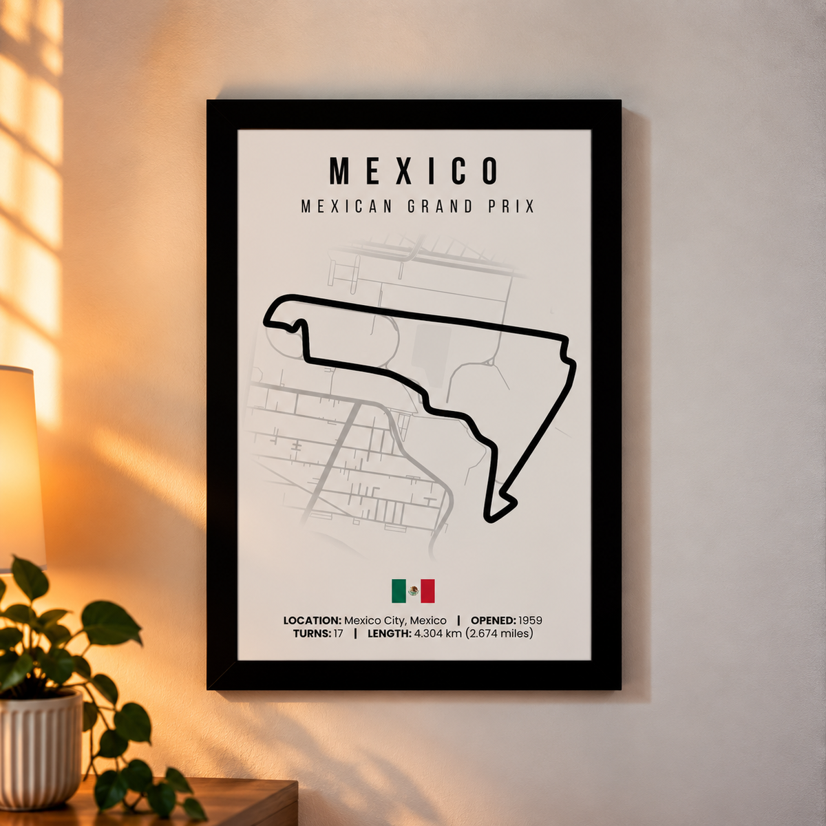 Mexico City F1 circuit map poster, A4, framed