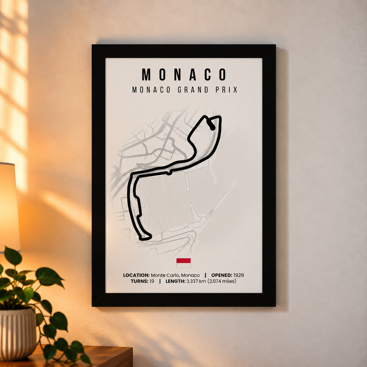 Monaco F1 circuit map poster, A4, framed