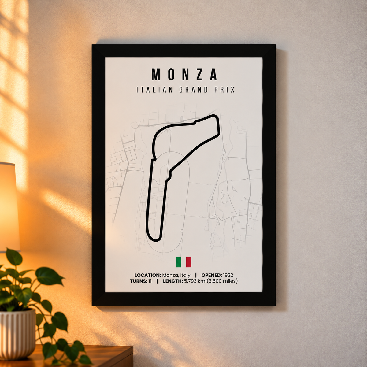 Monza F1 circuit map poster, A4, framed