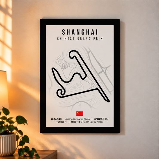 Shanghai circuit A4 poster, Chinese Grand Prix, black track line on white print in a black frame hung on a wall