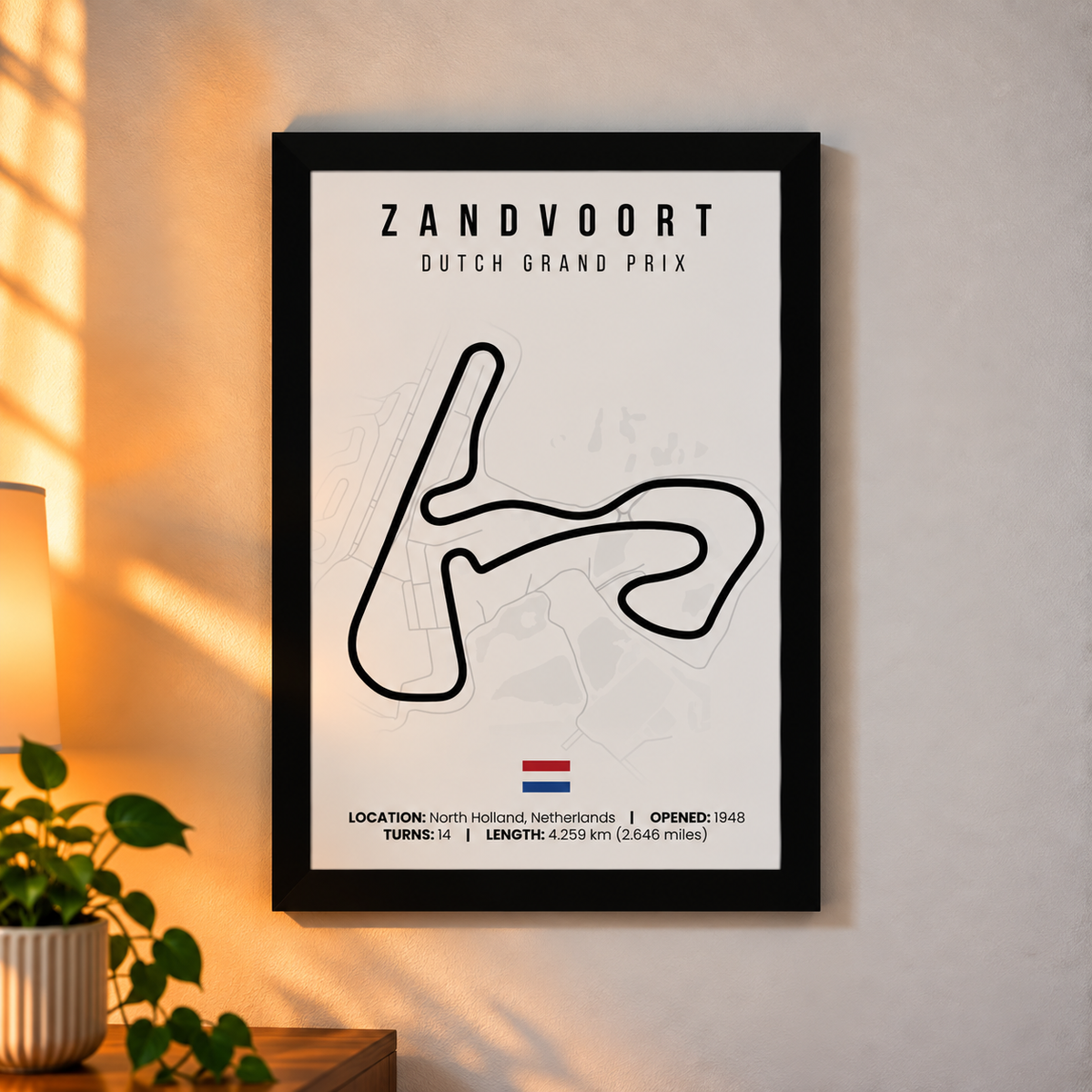 Zandvoort F1 circuit map poster, A4, framed